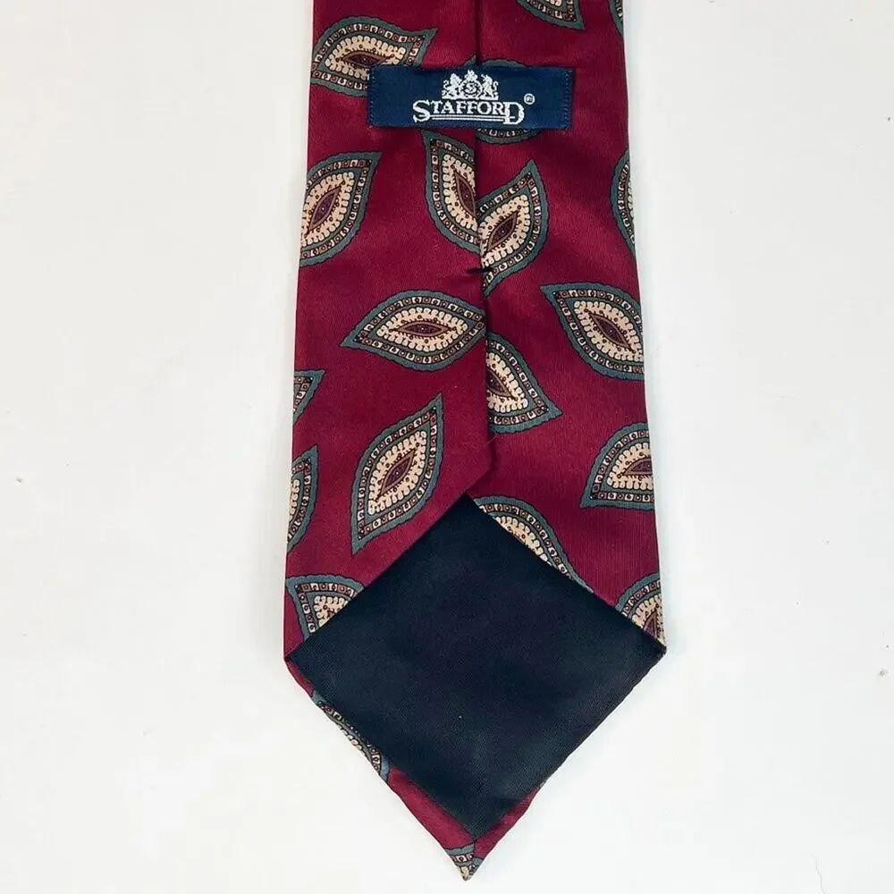 Stafford Paisley Print Mens Neck Tie Red Green 100% Silk Made in USA